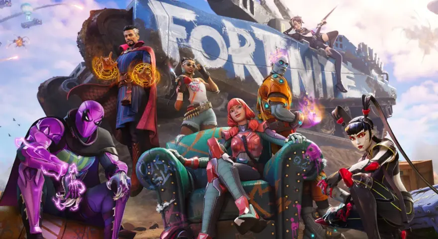 Postacie z gry Fortnite, w tym Doktor Strange i fioletowy Spider-Man, pozują na tle ogromnego napisu "FORTNITE".