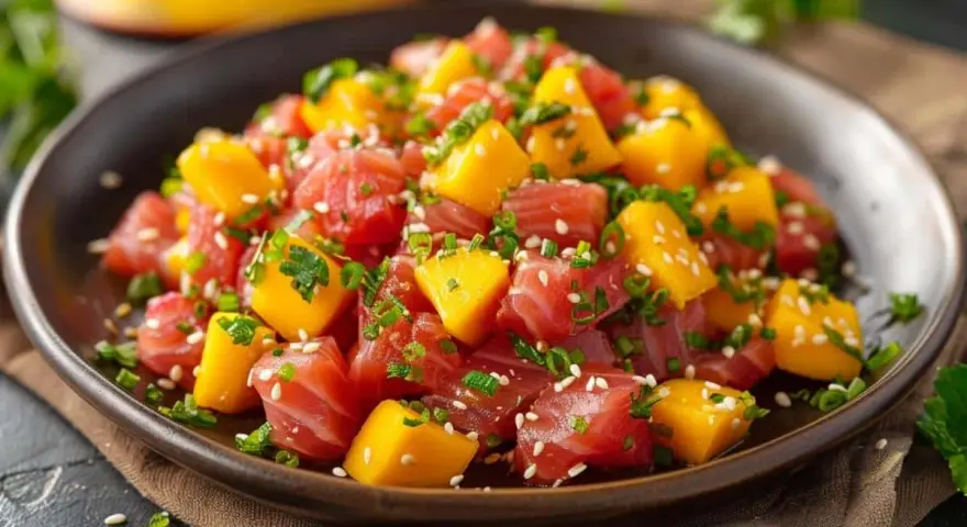 Un délicieux tartare de thon frais, coupé en dés et mélangé à des morceaux de mangue juteuse, garni de graines de sésame et de ciboule.