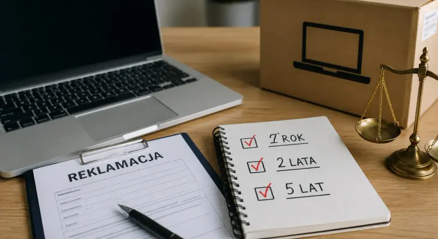 Na biurku leży dokument reklamacji, laptop, pudełko z symbolem komputera i waga szalkowa. Notatnik pokazuje zaznaczone terminy: 7 lat, 2 lata, 5 lat. Brak odpowiedzi na reklamację.