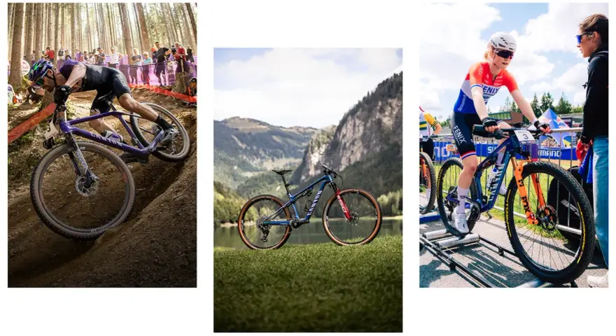 A cyclist navigates a steep trail on a purple downcountry bike. Another downcountry bike is pictured in a scenic mountain landscape. A female cyclist in racing gear prepares on a downcountry bike.