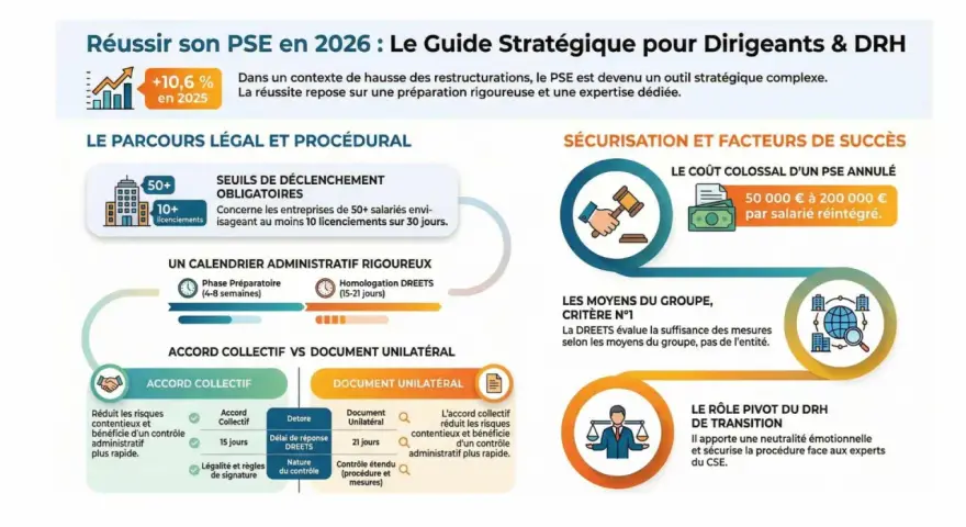 Infographie sur le PSE : parcours légal, seuils, calendrier, accord collectif vs document unilatéral, sécurisation, coût d'annulation, rôle du DRH. Évite le refus inspection travail licenciement salarié protégé.
