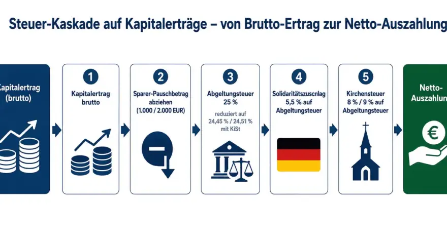 Grafik zeigt die Steuerkaskade: Kapitalertrag (brutto) wird um Sparerpauschbetrag, Abgeltungsteuer, Soli und Kirchensteuer reduziert zur Netto-Auszahlung.