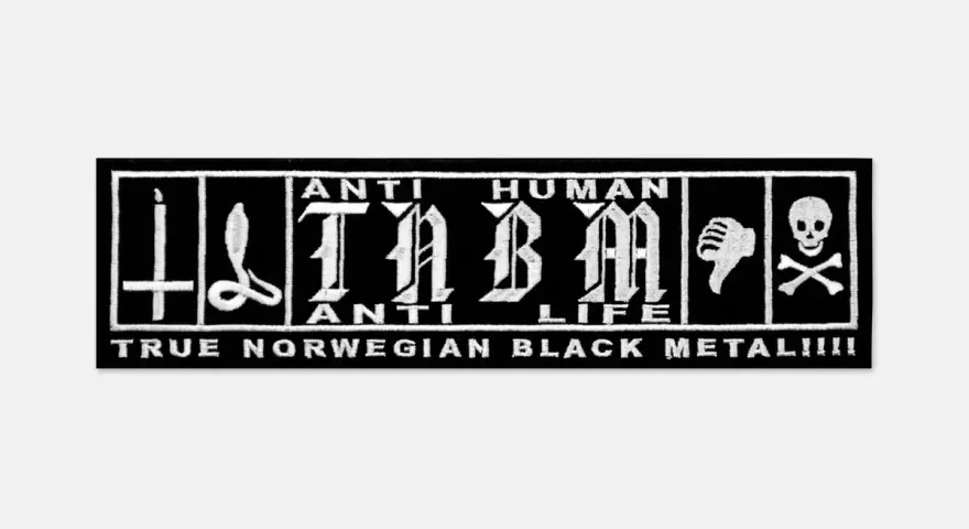 Patch noir avec logo "TABM" et symboles, proclamant "TRUE NORWEGIAN BLACK METAL!!!!".