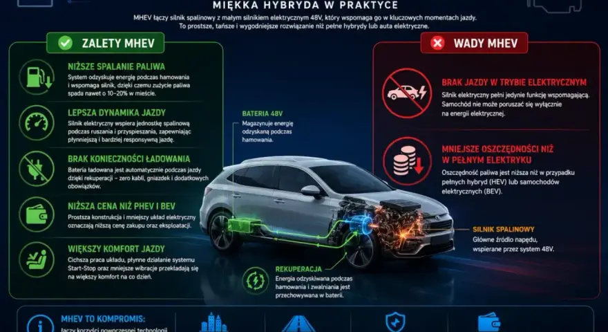 Ilustracja przedstawia samochód z widocznym układem napędowym MHEV 48V, z podziałem na zalety i wady.