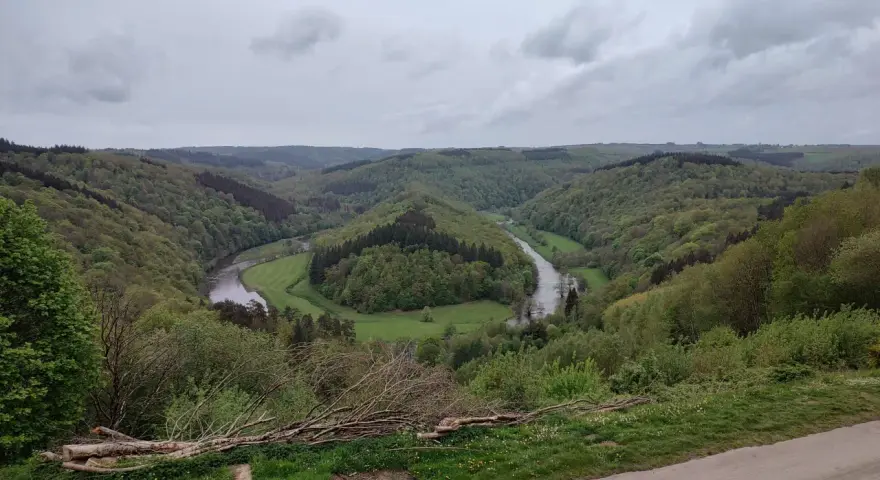 Malowniczy zakole rzeki w zielonych Ardenach, otoczone wzgórzami porośniętymi lasem.
