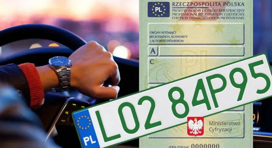 Ręka kierowcy z zegarkiem na nadgarstku, obok zielone tablice rejestracyjne w Polsce i dowód rejestracyjny.