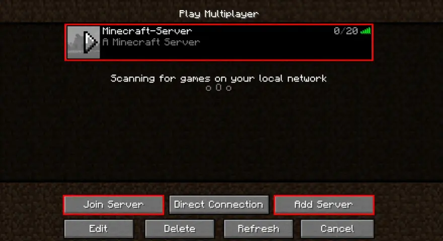 Pantalla de Minecraft para unirse a un servidor. Muestra "Minecraft-Server" y la opción "Add Server", útil para saber como hacer un servidor de Minecraft.
