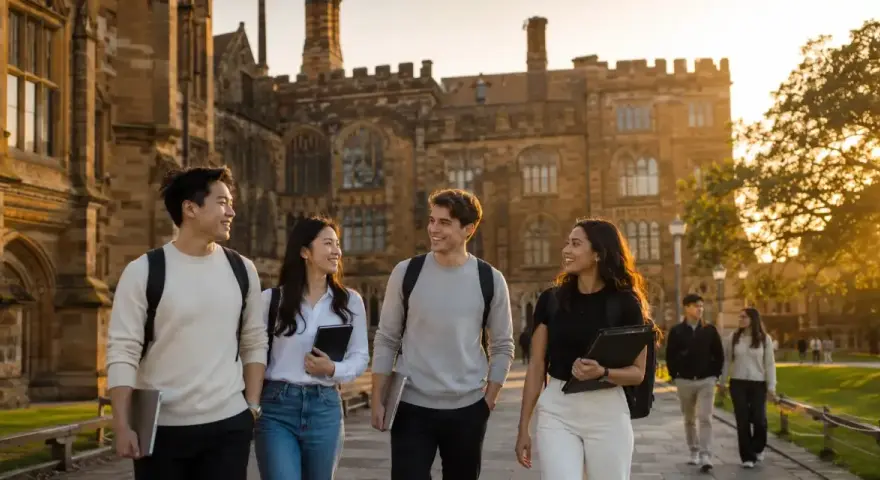 Grupa studentów idzie aleją uniwersytecką w blasku zachodzącego słońca. Marzą o studiach za granicą, ciesząc się wspólnym czasem.