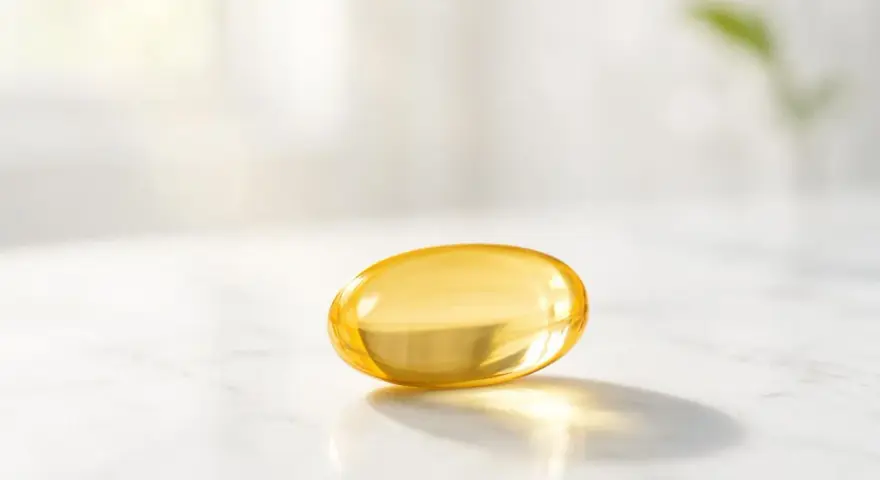 Capsula gialla di vitamina D3 su marmo. La vitamina D3 serve per ossa forti e sistema immunitario.