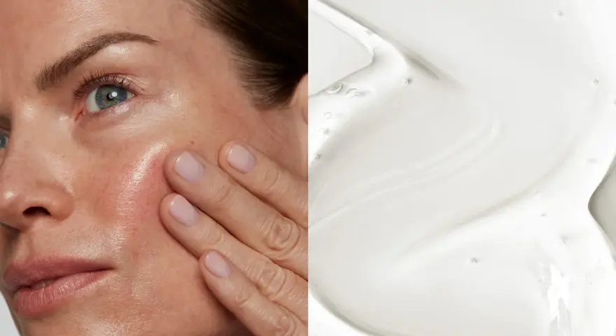 Primo piano di un volto con pelle luminosa e una mano che la accarezza, accanto a una texture di gel trasparente. Scopri cos'è lo squalane per la tua pelle.