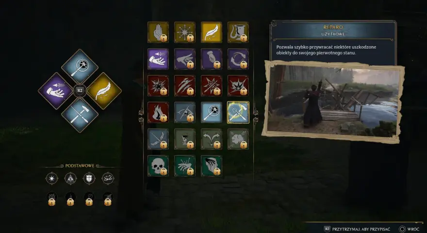 Drętwota w Hogwarts Legacy: menu zaklęć z ikonami, w tym Reparo. Gracz naprawia zniszczony mostek.