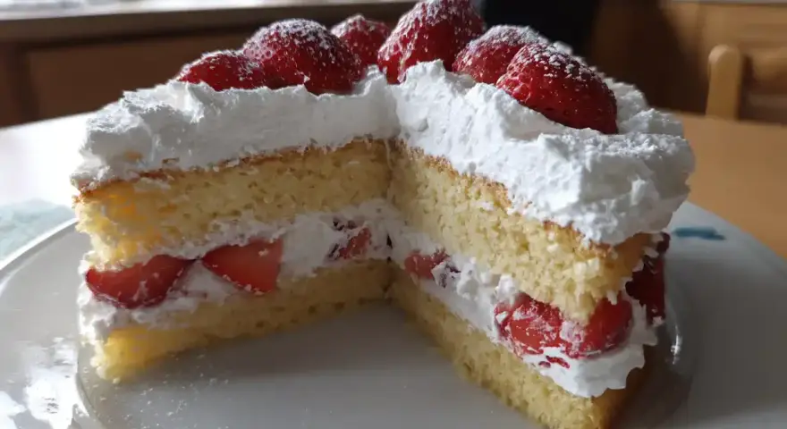 Enkel tårta med fluffig grädde och färska jordgubbar, perfekt för ett sommarfika.
