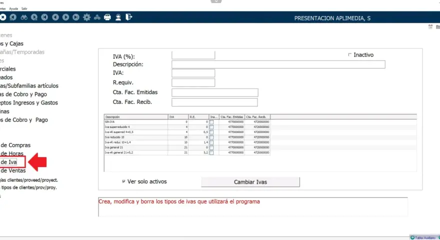 Configuración de tipos de IVA para facturas. Se muestran diferentes tipos de IVA, como reducido y general, para su gestión.