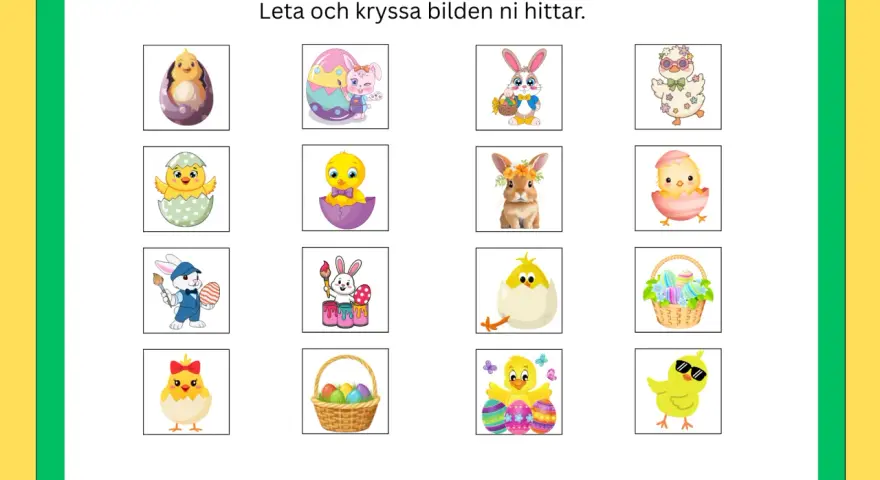 Söt påskkyckling och kaninbilder för en rolig skattjakt påsk. Hitta och kryssa bilderna!
