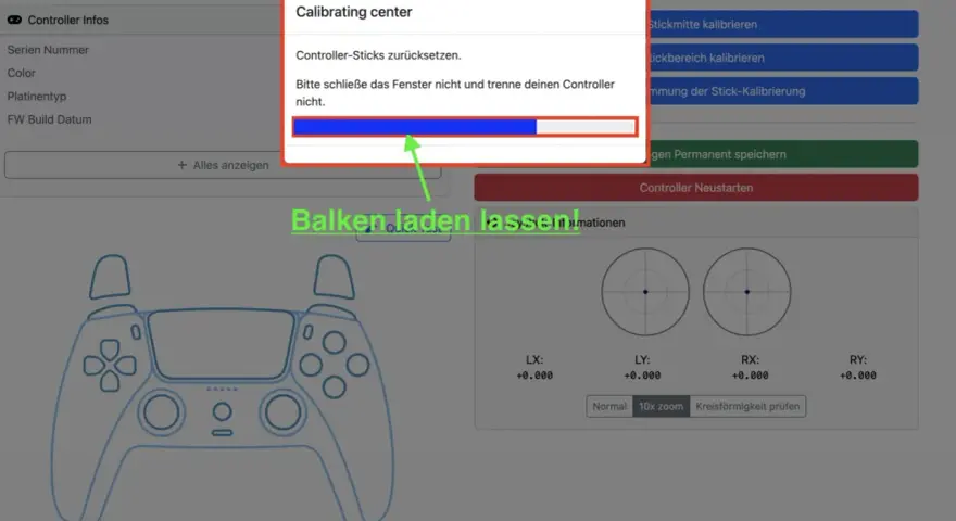 PS5 Controller kalibrieren: Fortschrittsbalken wird geladen, während die Stickmitte zentriert wird. Nicht trennen!