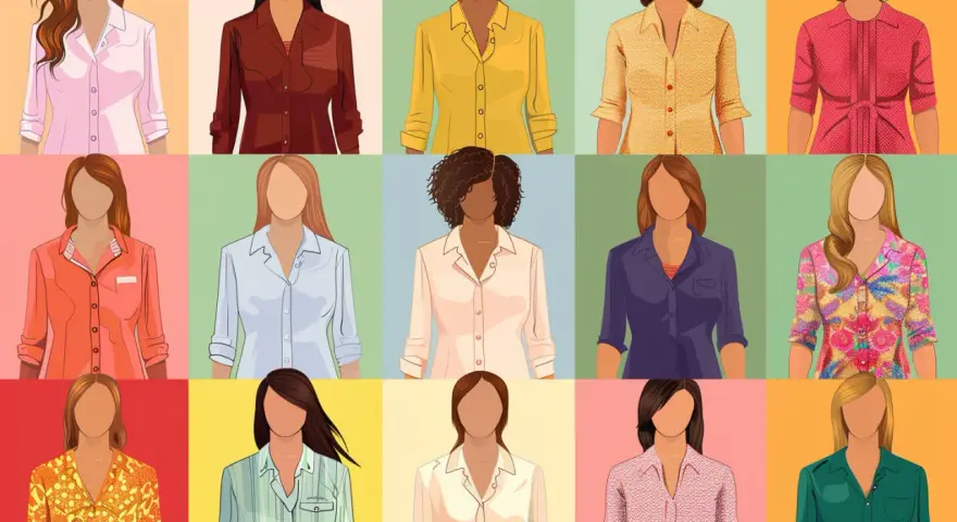 Ilustración muestra la diferencia entre blusa y camisa con varios modelos femeninos.