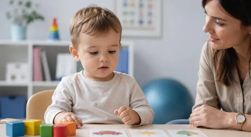 Mały chłopiec z zainteresowaniem przygląda się kartom obrazkowym, podczas gdy dorosła osoba obserwuje go z uśmiechem. To ciekawy **test AQ dla dzieci**.