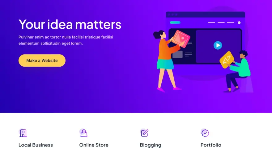 Illustration d'un template Astra WordPress. Deux personnes construisent un site web, une avec une image, l'autre avec du code.