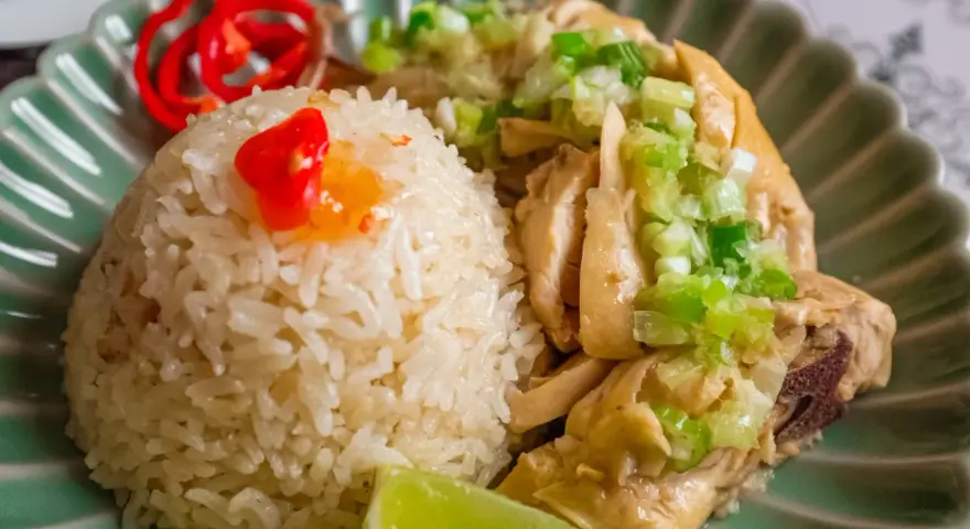 Un invitante piatto di riso con pollo, guarnito con cipollotti freschi, peperoncino rosso e una fetta di lime.