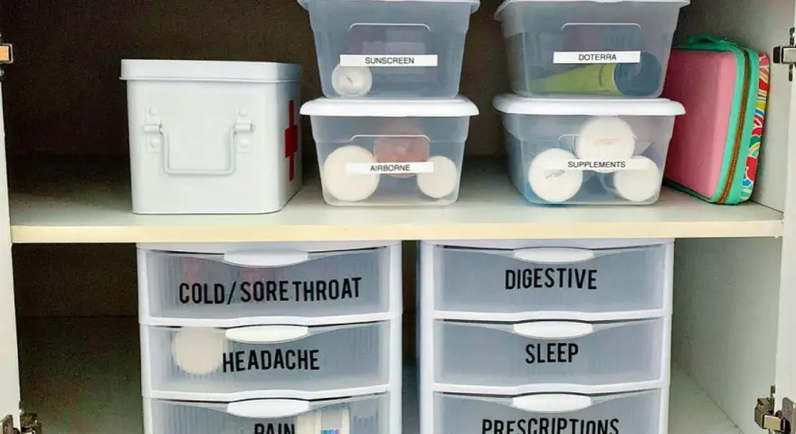 Organized medicine cabinet with labeled bins and drawers for easy access to medications and first-aid supplies.