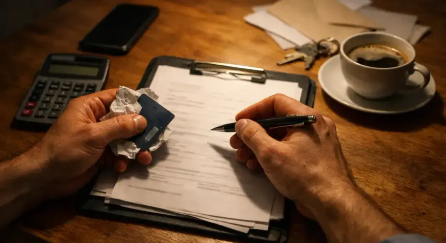 Dłonie trzymające dokumenty, długopis, kartę i zgniatany papier, obok kalkulator, telefon, klucze i kawa.