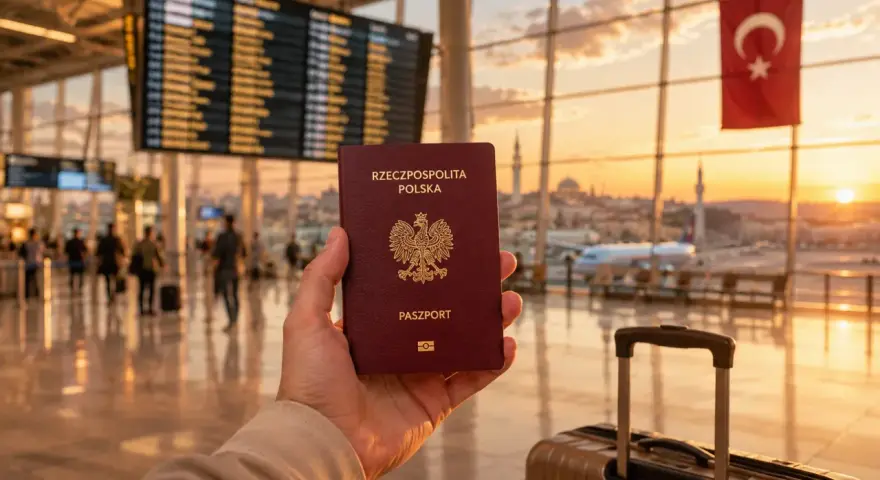 Pasport w dłoni, walizka obok, a za oknem lotniska wschód słońca i turecka flaga. Czas na wyjazd do Turcji!