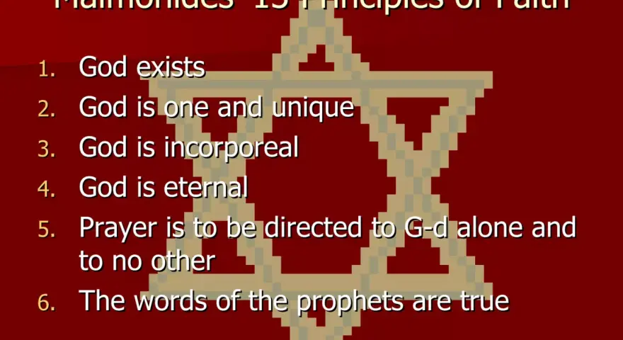 Maimonides' 13 Principles of Faith, a core of what is Judaism, are listed over a pixelated Star of David.