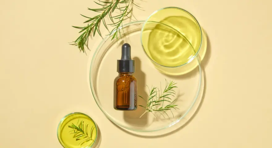 Flacone ambrato con contagocce, oli essenziali e rametti verdi su vetrini da laboratorio. Attenzione: il tea tree oil brucia la pelle se non diluito.