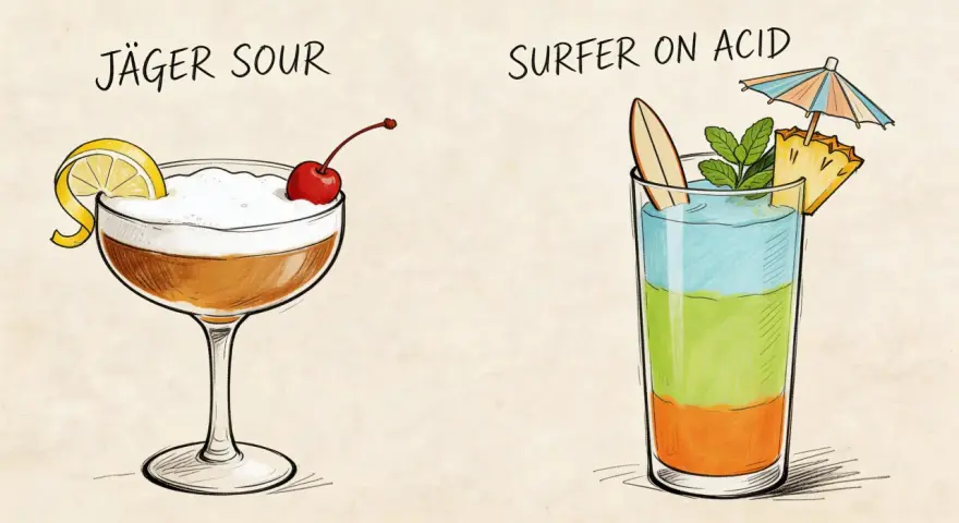 Jägermeister drink przepis: Jäger Sour z cytryną i wiśnią oraz Surfer on Acid z ananasem i miętą.