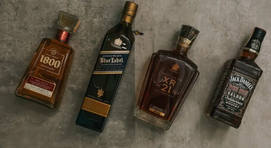 Cztery butelki alkoholi: 1800 Reposado, Johnnie Walker Blue Label, Johnnie Walker XR 21 i Jack Daniel's Red Dog Saloon. Czy to whisky czy whiskey?