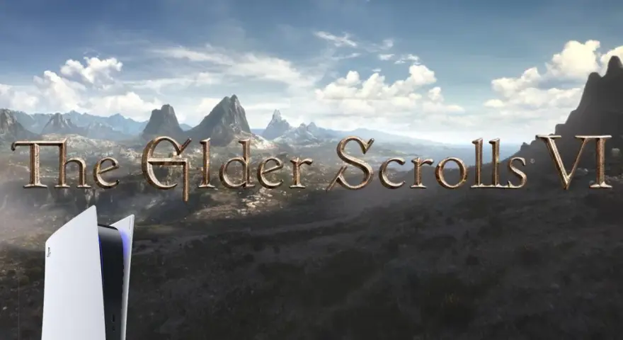 Krajobraz z gry The Elder Scrolls VI, z konsolą PS5 na pierwszym planie.