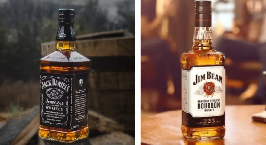 Dwie butelki whiskey: Jack Daniel's Tennessee Whiskey i Jim Beam Bourbon. Którą wybierasz?