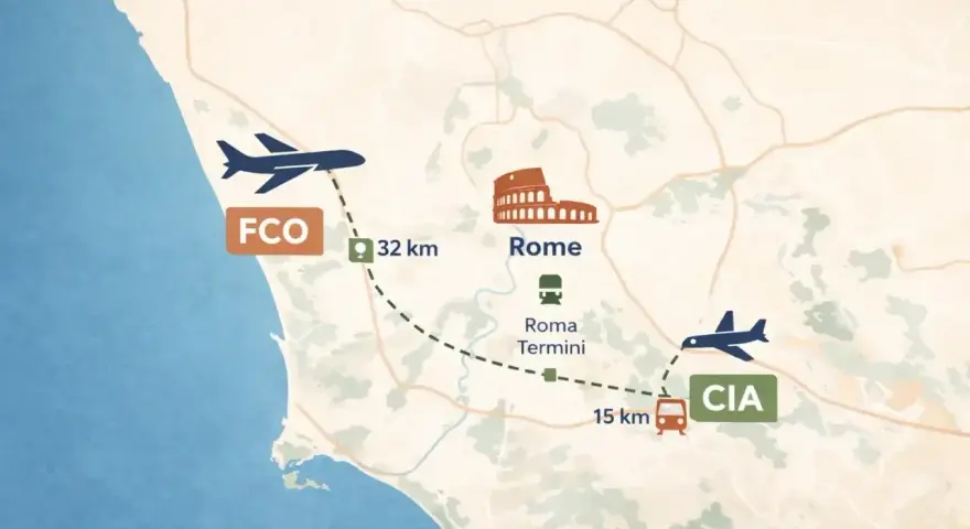 Mapa pokazuje lotniska w Rzymie: FCO (32 km) i CIA (15 km), z zaznaczonym połączeniem do Roma Termini.