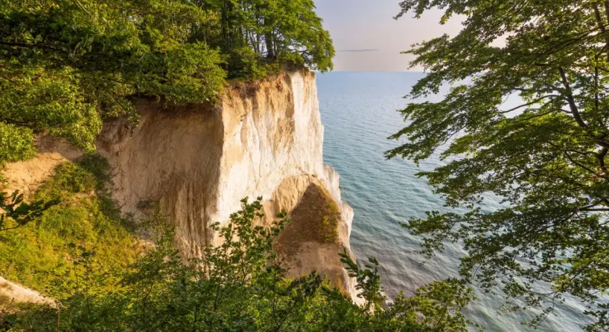 Weiße Kreidefelsen ragen steil aus dem ruhigen Meer der Ostsee. Grüne Bäume säumen die Klippen und bieten einen friedlichen Ausblick.
