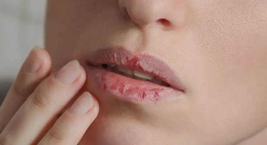 Nahaufnahme von trockenen, rissigen Lippen, die nach Feuchtigkeit verlangen.