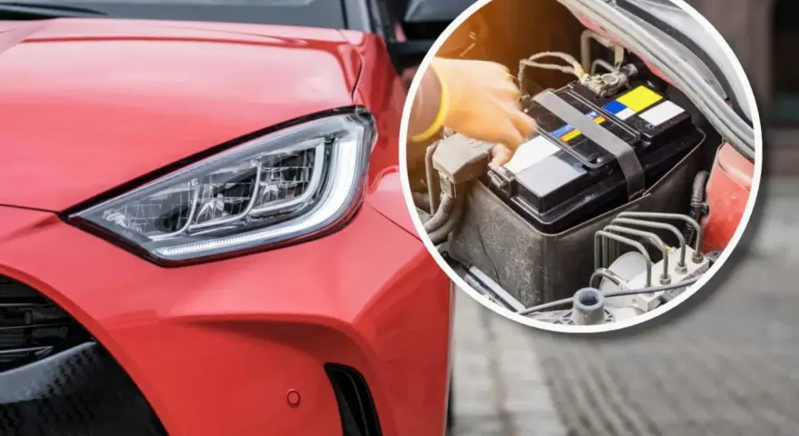Gdzie jest akumulator w Toyota Prius? Widać go w okręgu, pod maską, obok silnika.