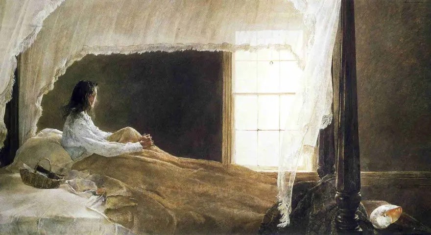 Dziewczyna w łóżku, wpatrzona w okno. Obraz Andrew Wyetha, pełen melancholii i światła.
