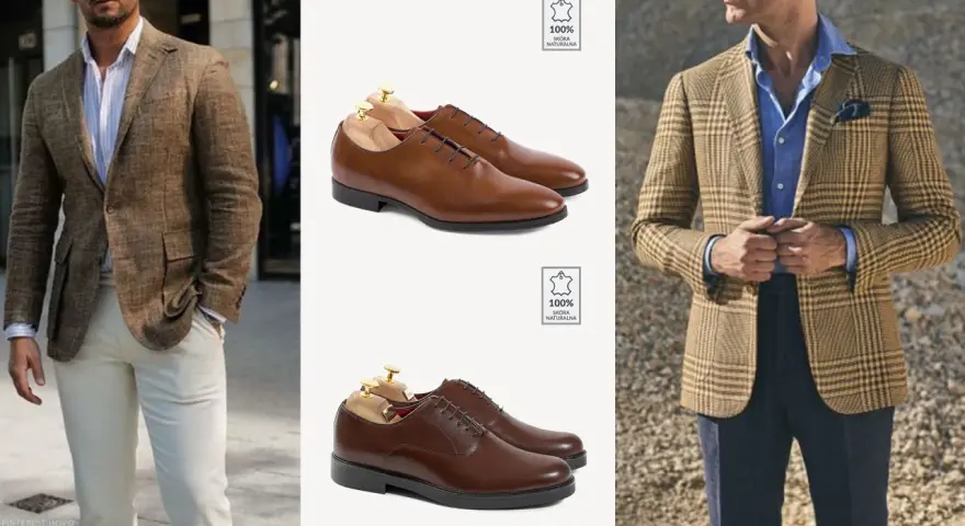 Eleganckie stylizacje na komunię: brązowe marynarki i skórzane buty. Inspiracje dla panów.