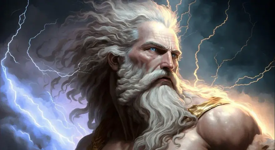 Potężny Zeus z burzą w oczach i piorunami w rozwianych włosach, władca Olimpu.