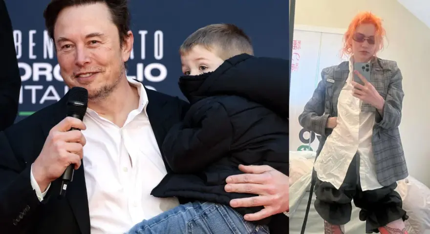 Elon Musk z synem i Grimes w stylizacji z pomarańczowymi włosami.