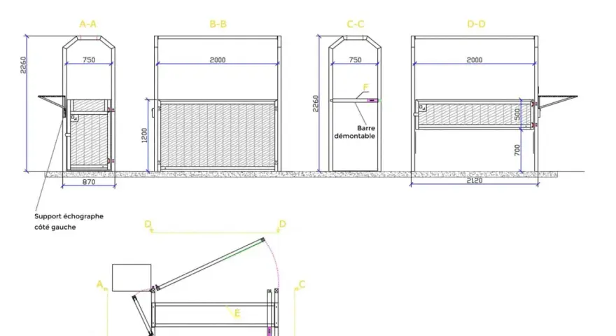 Plans techniques d'une barre échographie pour jument, avec support et barre démontable.