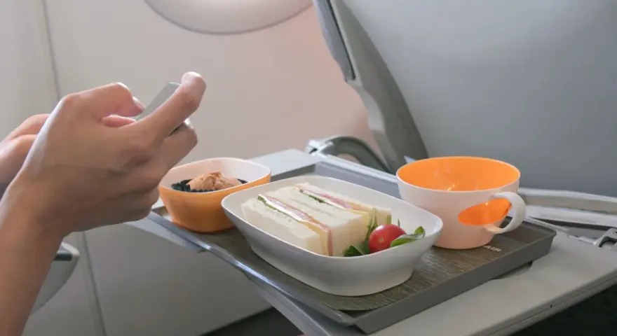 Na tacy w samolocie Wizzair kanapka, babeczka i napój. Zastanawiasz się, czy można wziąć jedzenie do samolotu Wizzair? Tak, można!