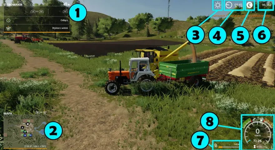 Symulacja rolnictwa: traktor z przyczepą i kombajn na polu, z interfejsem gry.