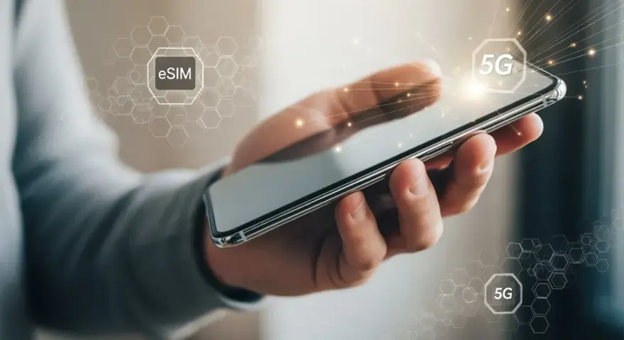 En hand håller en smartphone med ikoner för eSIM och 5G. Enkel process att flytta eSIM till ny telefon.