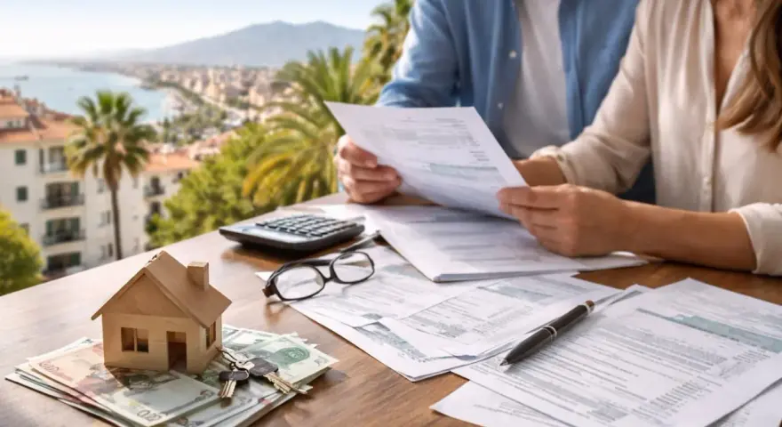 Pareja revisa papeles y calcula los gastos de compra de vivienda segunda mano. Casa de madera, llaves y dinero sobre la mesa.