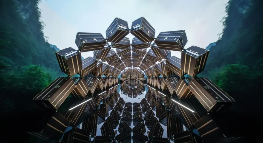 Un tunnel caleidoscopico di bauli Louis Vuitton, un omaggio al fondatore, con uno sfondo di montagne verdi e cielo azzurro.