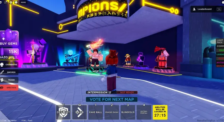 Jugadores en un lobby de Blox Fruits, listos para la acción. Se ven opciones para comprar gemas, espadas y ver el ranking. ¡Quizás pronto haya nuevos códigos de Blox Fruits!