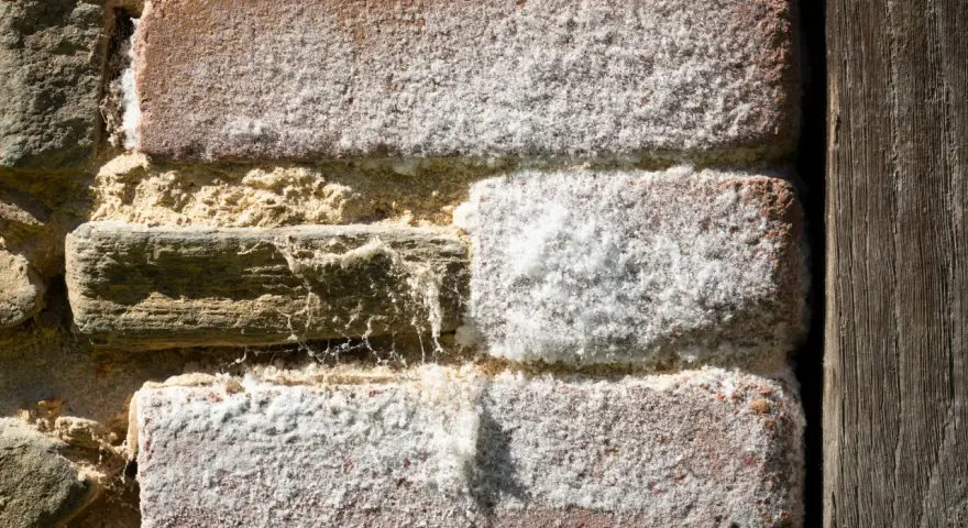 Mur en briques anciennes couvert de salpêtre, la pierre et le bois se côtoient.