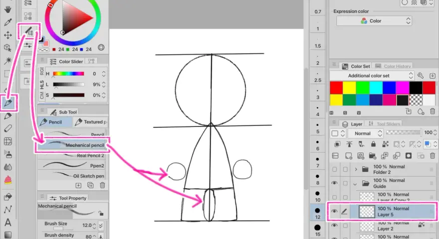 El pincel "Mechanical pencil" se usa para dibujar el arco de personaje, con flechas rosas indicando su selección.