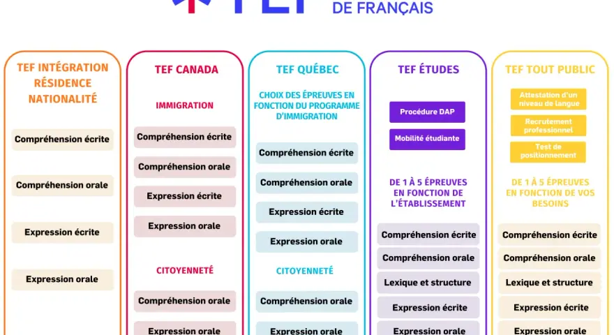 Diagrama del examen en francés (TEF) con sus diferentes módulos: Integración, Canadá, Quebec, Estudios y Público General.